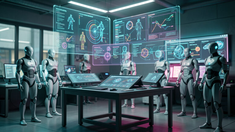 Studio de jeu vidéo futuriste avec des interfaces holographiques d’IA, des mannequins style NPC et des tableaux numériques de production, éclairage cinématographique en tons teal et magenta.
