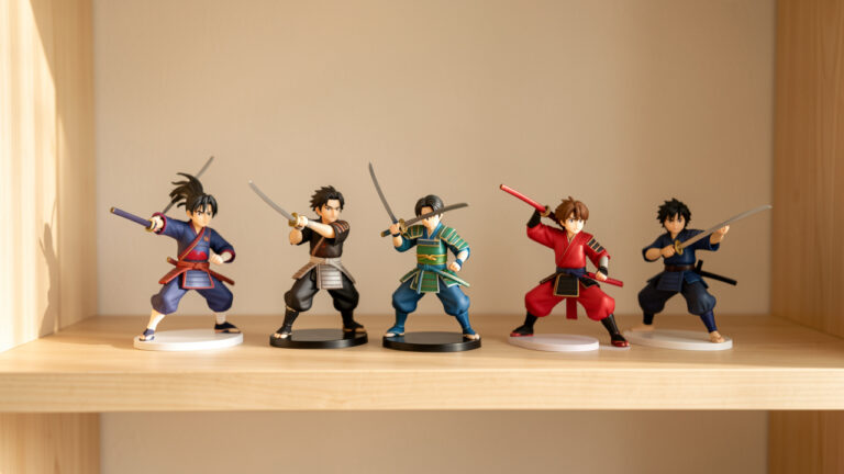 Petite collection de figurines d’animation japonaise disposées sur une étagère en bois partiellement vide, évoquant un démarrage progressif.
