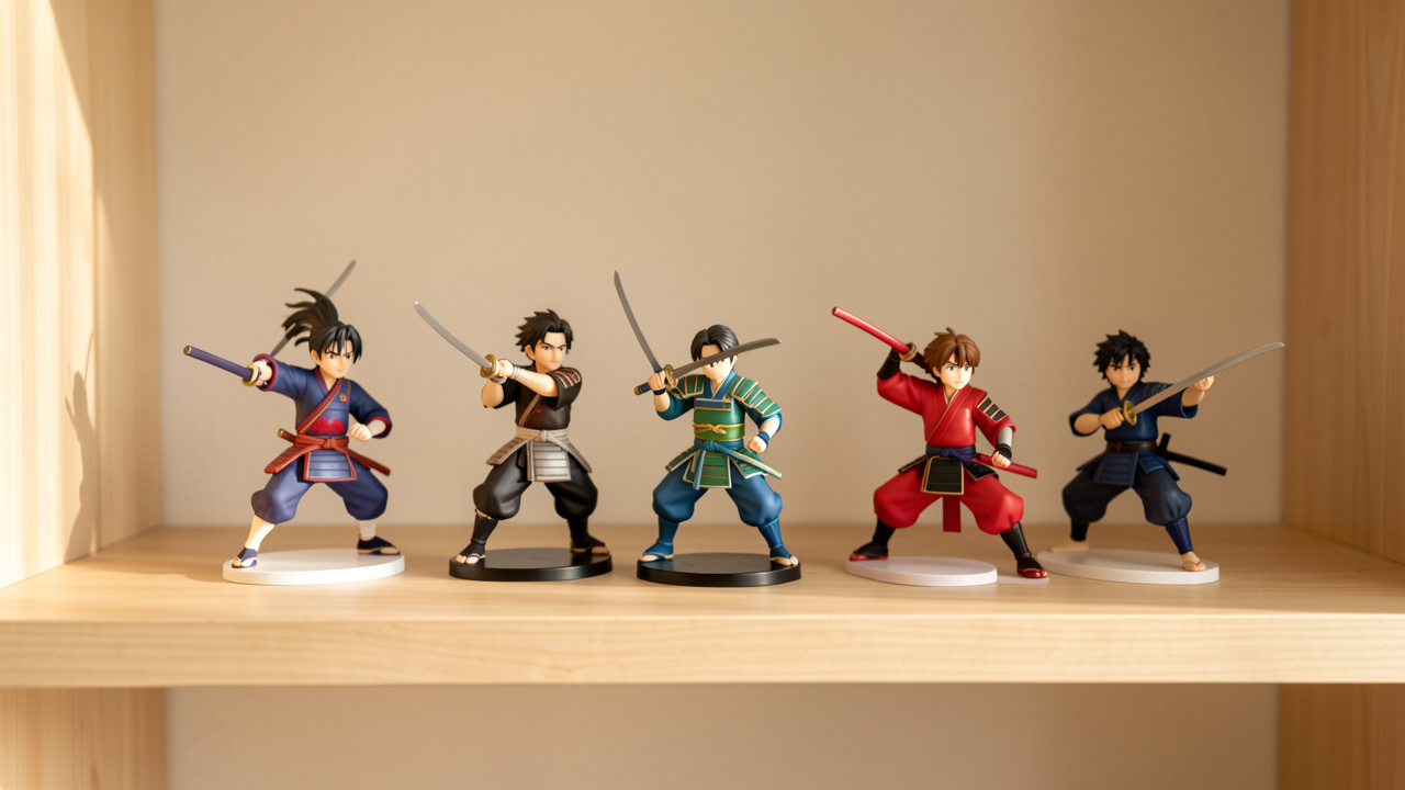 Petite collection de figurines d’animation japonaise disposées sur une étagère en bois partiellement vide, évoquant un démarrage progressif.