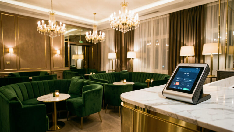 Intérieur élégant d’un espace de divertissement avec fauteuils en velours vert, luminaires chaleureux et terminal de paiement sécurisé sur un comptoir en marbre.