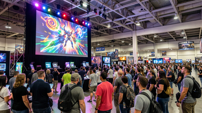 Vue intérieure réaliste d’un grand salon de jeux vidéo à Anaheim, avec un public diversifié face à un écran géant lumineux diffusant des images colorées.