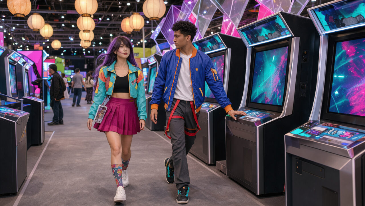 Allée lumineuse d’un salon parisien de jeu vidéo, avec une femme et un homme en cosplay original inspiré des mangas, des bornes de démonstration et une décoration d’inspiration japonaise.