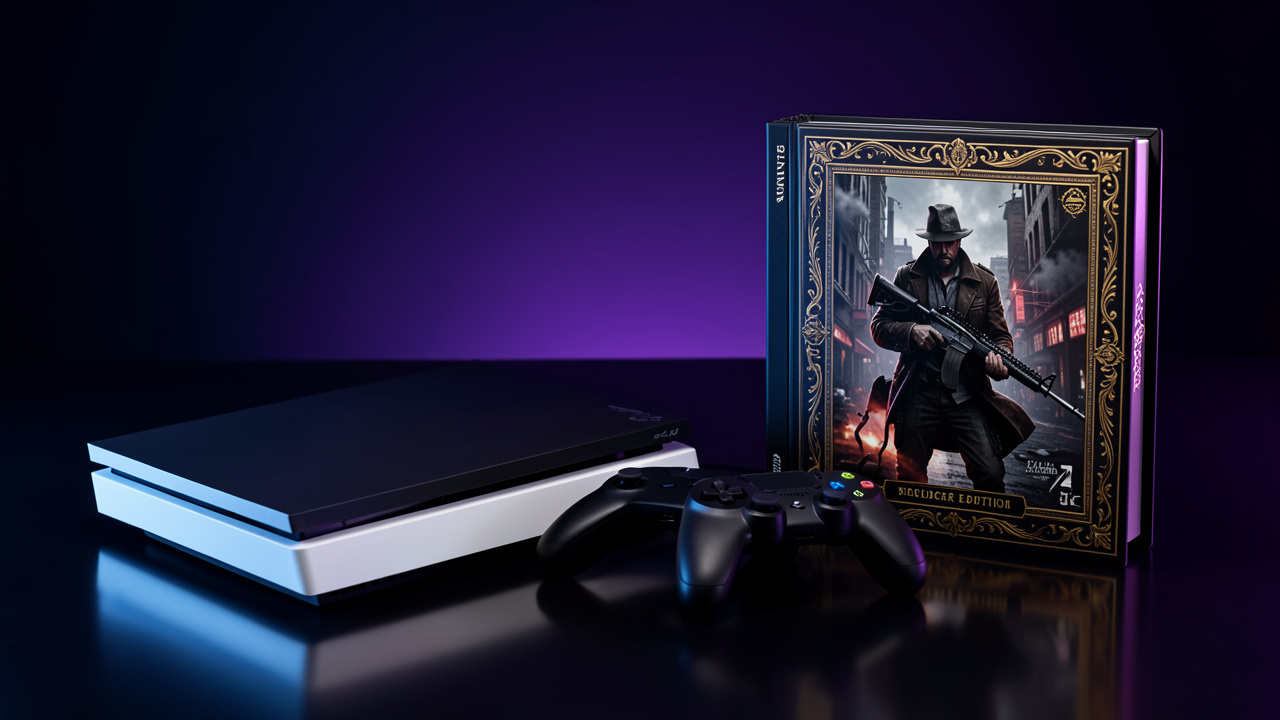 Console de jeu nouvelle génération avec manette, présentée à côté de deux éditions fictives d’un jeu d’action urbain, standard et collector, dans une ambiance éditoriale high-tech.